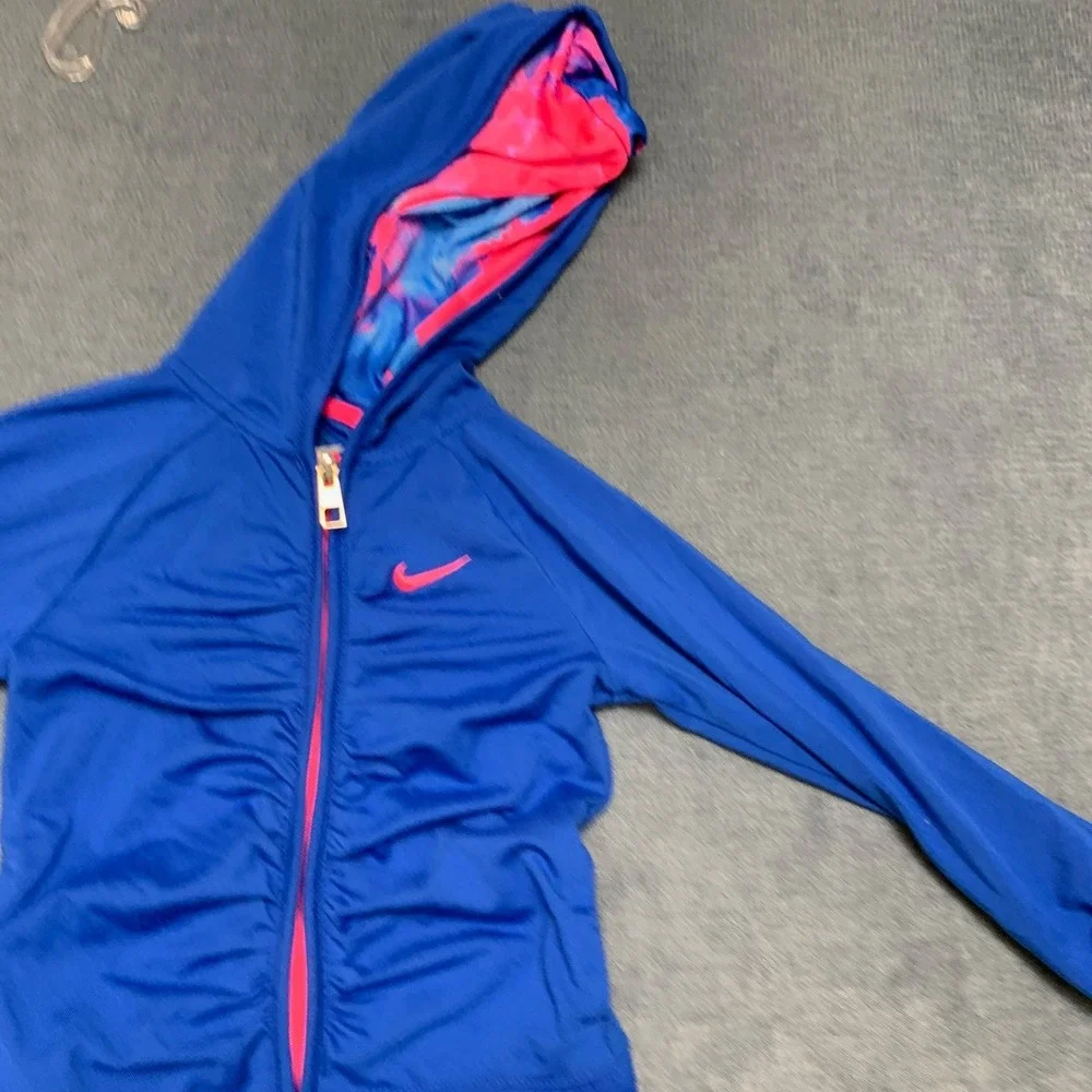 Nike Dri-Fit Full Zip Hoodie Girls 3T Blue Pink Swoosh Raglan Sleeve Activewear